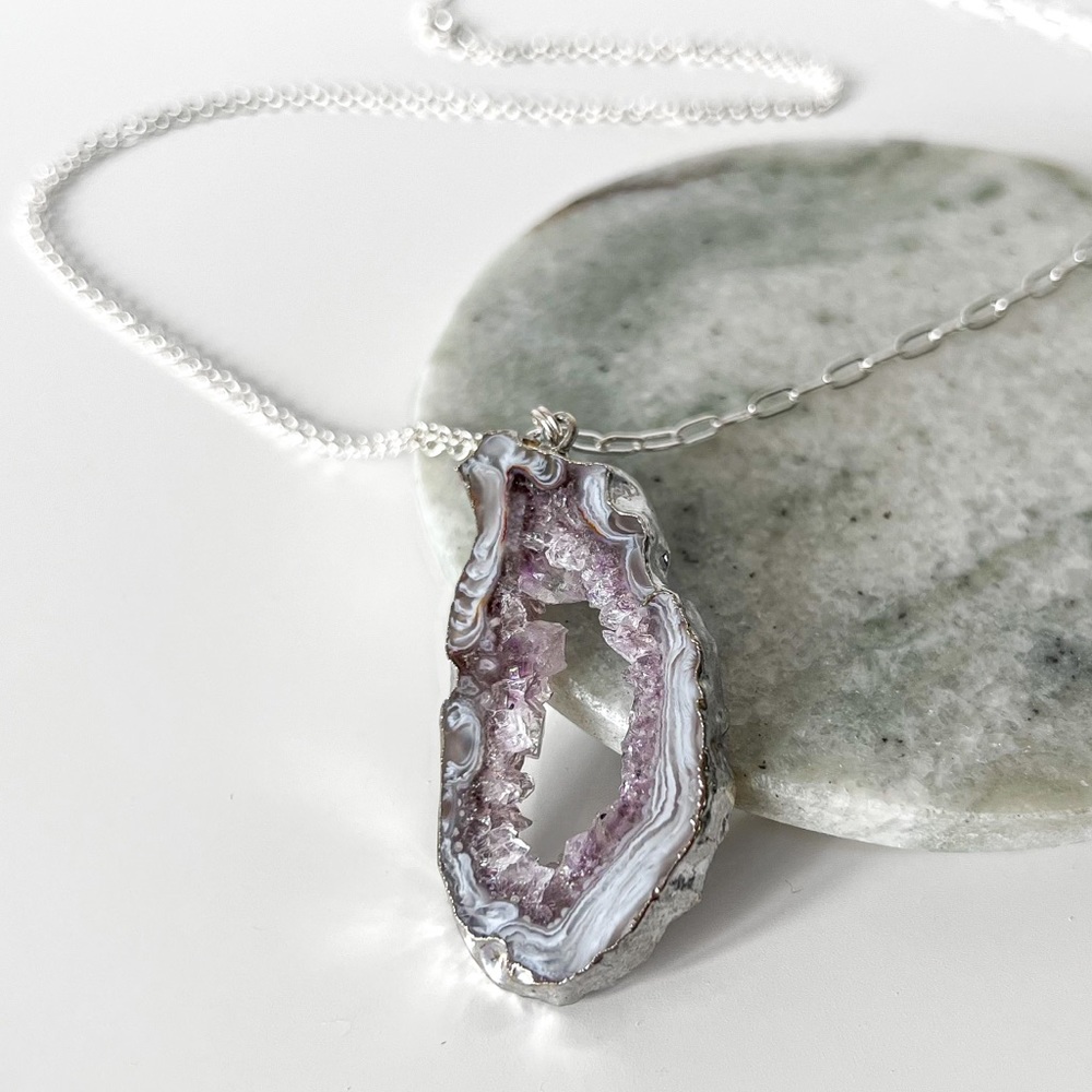 NEW Artisan Lavender Quartz Stone Slice Pendant on Sterling Silver Chain